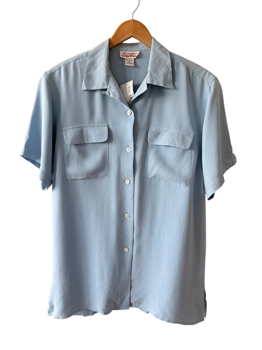 Anne Carson Light Blue Short-Sleeve Silk Shirt